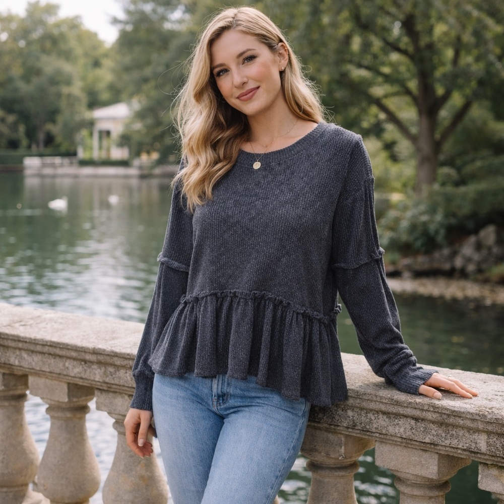 Altar'd State Charcoal Ruffle Blouse Size Small